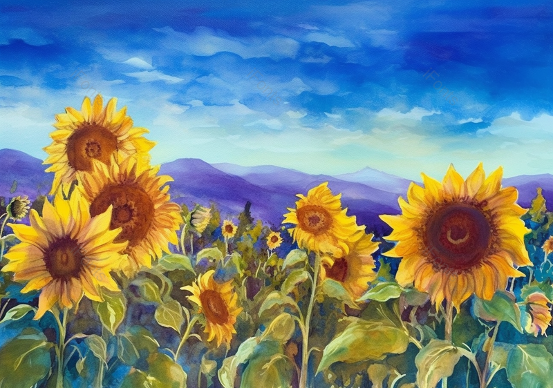 夏日盛开黄色向日葵正面花田蓝色天空特写水彩插画,插画/手绘图,插画/手绘图库,插画/手绘图下载,插画/手绘